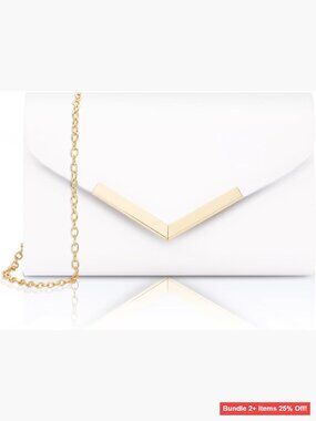 White Vegan Leather Clutch Purse with Chain Strap, Envelope Style Evening Bag